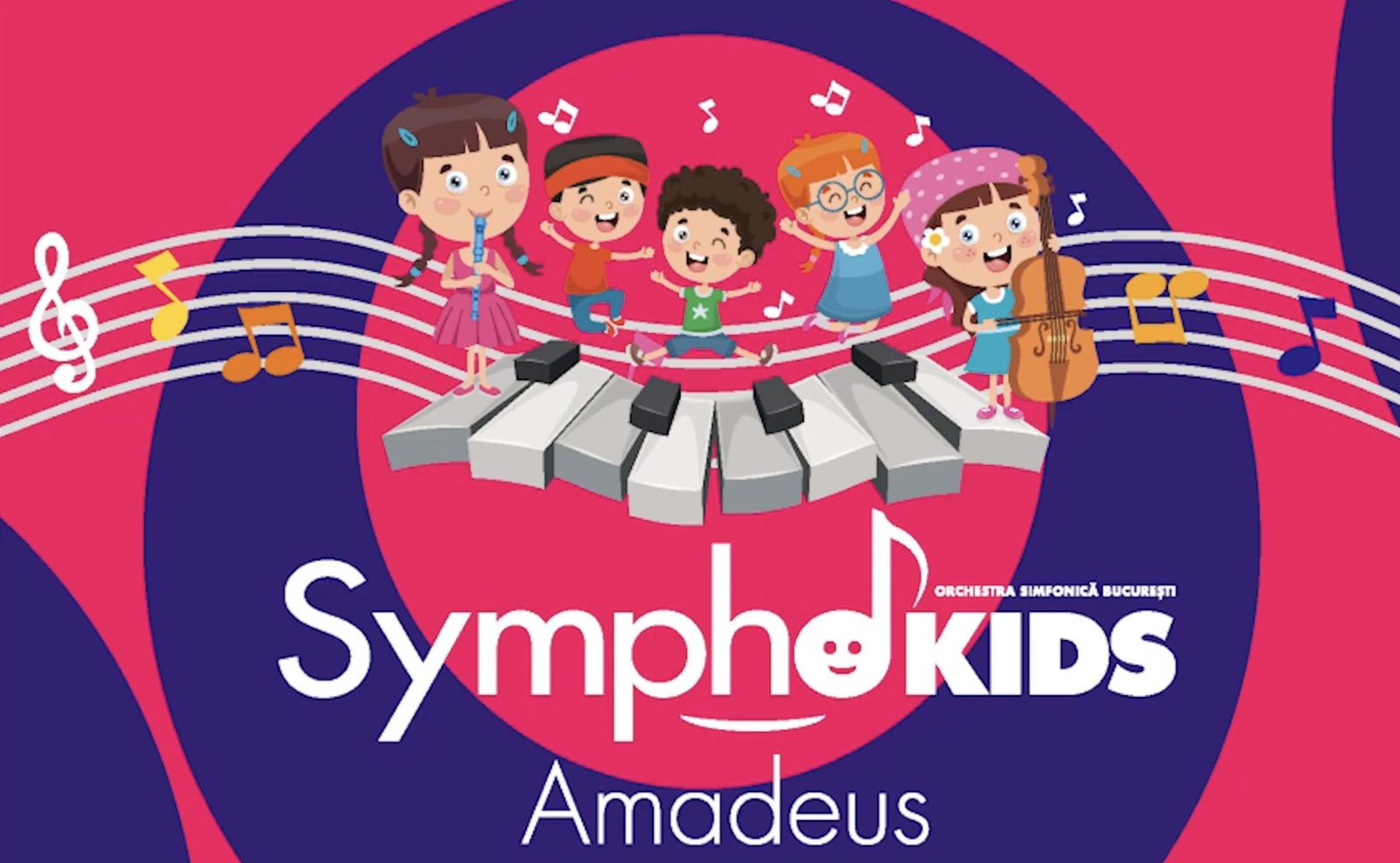 Afișul Sympho Kids: copii desenați care cântă la instrumente, pe clapele unui pian